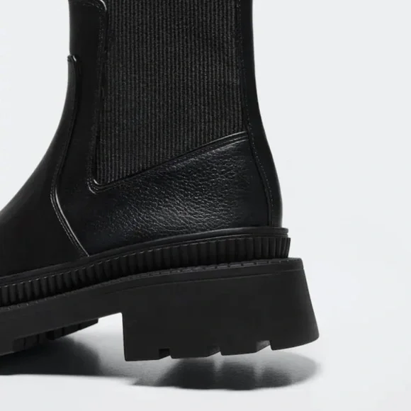 MANGO MNG Black Faux Leather Track Lug Sole Pull On Platform Boots Sz 38 US 7.5 - Picture 7 of 12